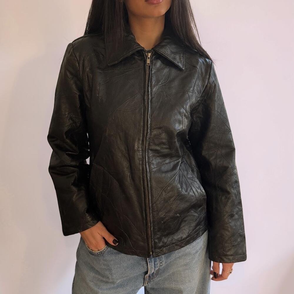 Vintage Cellini Genuine Leather Black Full Zip Patchwork Jacket Medium